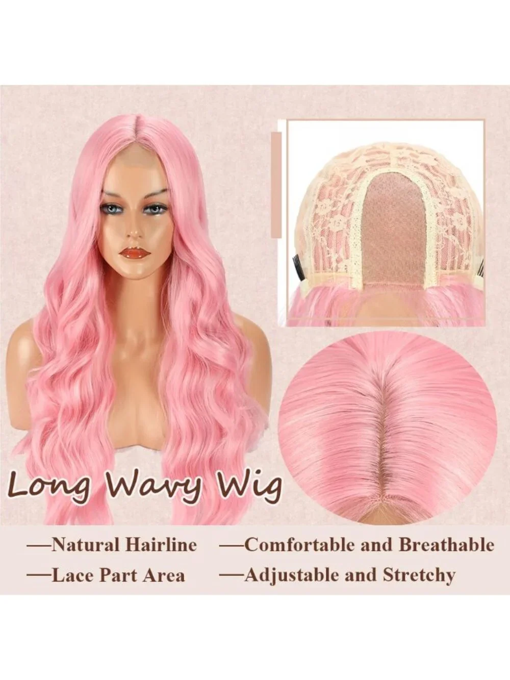 26 Inch Women's Pink Long Wavy Curly Hair Wig Halloween Cosplay